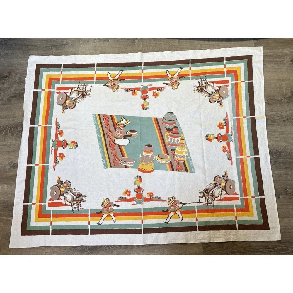 Vintage Startex Tablecloth 49x63 Vibrant Mexican Folk Art Southwestern MCM 1950s